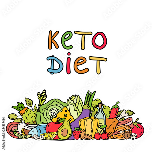 Handwritten lettering with low carbs ketogenic diet food