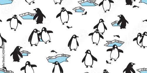 penguin Seamless pattern vector fish salmon iceberg bird cartoon scarf isolated tile background repeat wallpaper illustration doodle