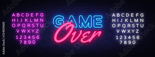 Game Over Neon Text Vector. Game Over neon sign, Gaming design template, modern trend design, night neon signboard, night bright advertising, light banner, light art. Vector. Editing text neon sign