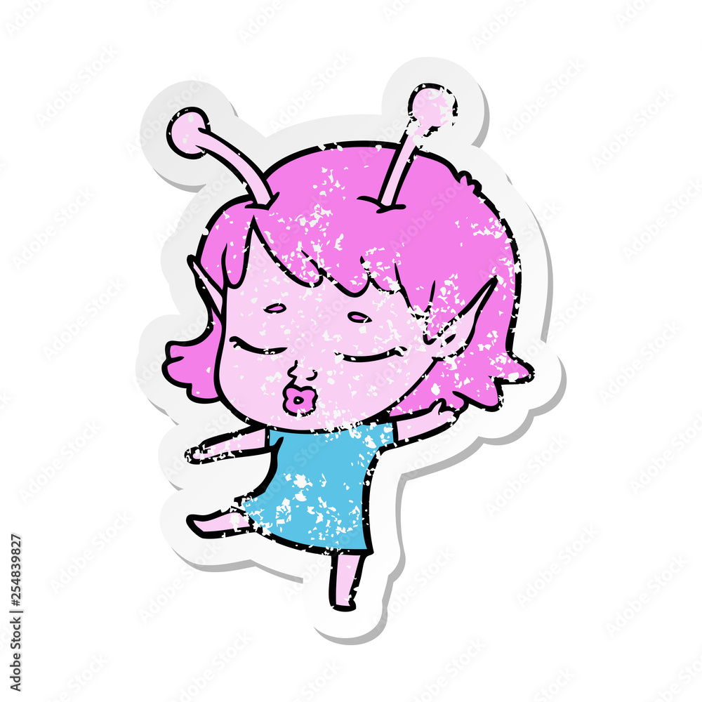 distressed sticker of a cute alien girl cartoon distressed sticker of a cute alien girl cartoon