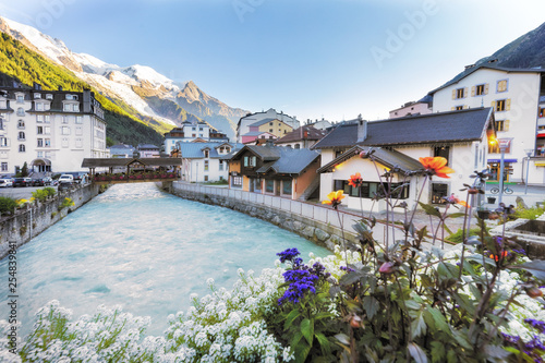 The village of Chamonix, France. View over the river Arve photo