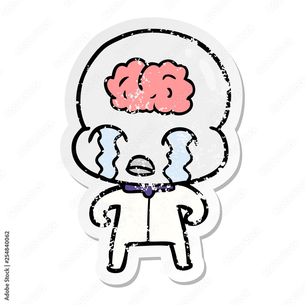 distressed sticker of a cartoon big brain alien crying distressed sticker of a cartoon big brain alien crying