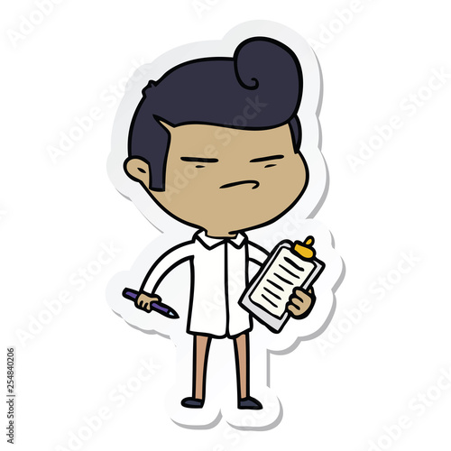 sticker of a cartoon cool guy with fashion hair cut and clip board