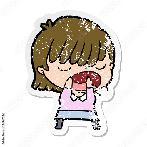 distressed sticker of a cartoon woman talking loudly