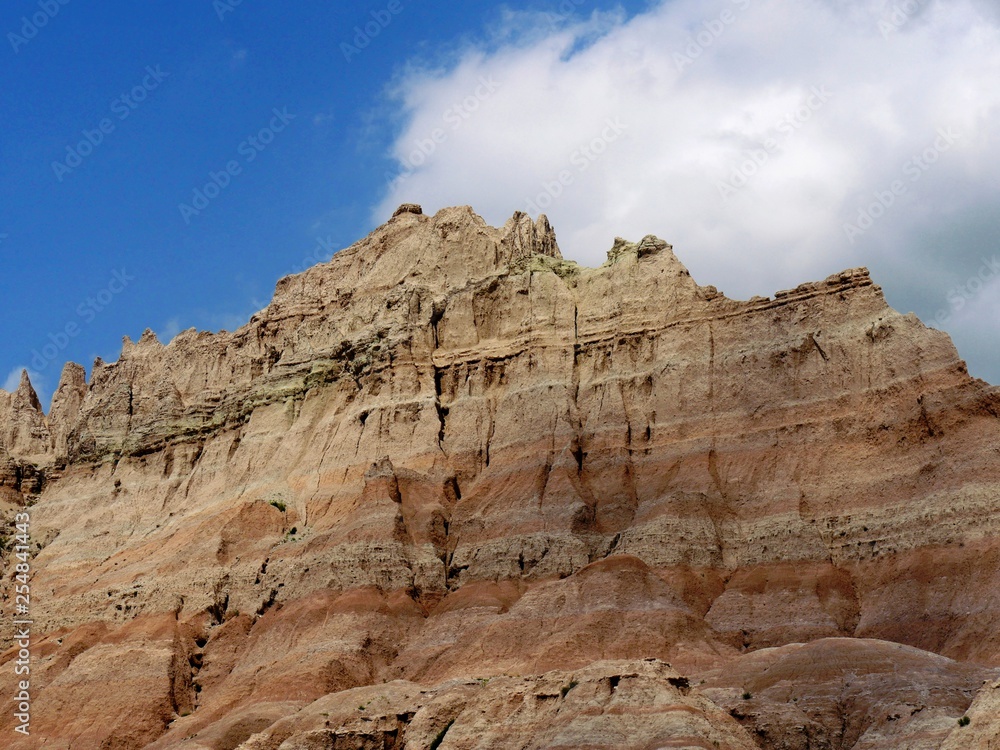 Close up upward shot of rock formations at the Badlands National Park in South Dakota, USA.