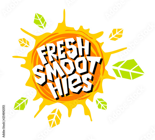 Fresh smoothies logo emblem bright splash shiny stickers, organic emblems banners labels , fruits vegetables fresh juice. Vegan eco bio green healthy food. Hand drawn vector illustration.