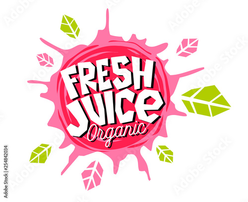 Fresh juice logo emblem bright splash shiny stickers, organic emblems banners labels , fruits vegetables fresh smoothies. Vegan eco bio green healthy food. Hand drawn vector illustration.