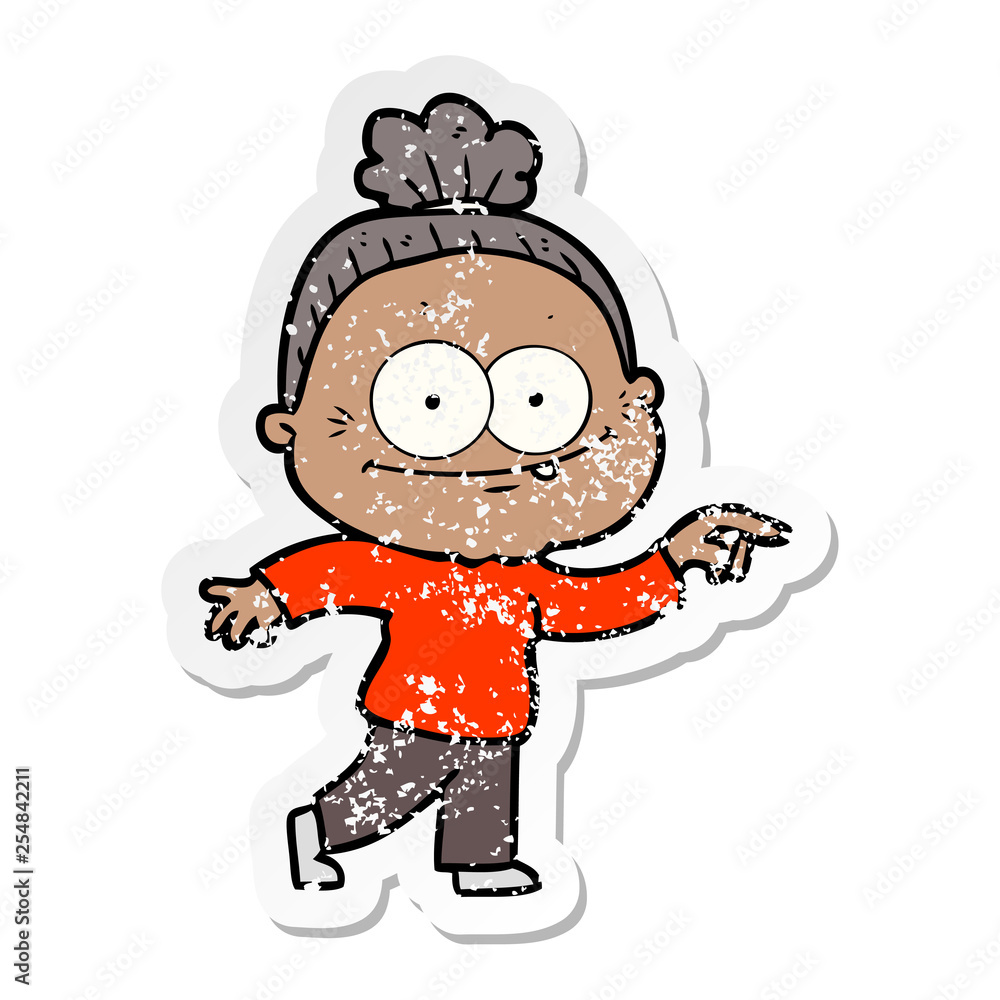 distressed sticker of a cartoon happy old woman distressed sticker of a cartoon happy old woman