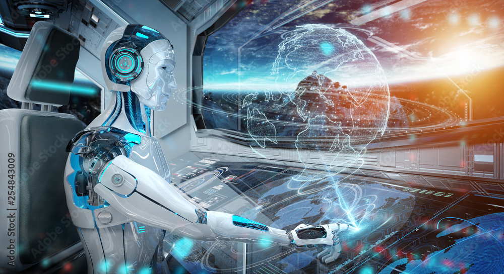 Robot in a control room flying a white modern spaceship with window view on  space and digital Earth hologram 3D rendering ilustración de Stock | Adobe  Stock
