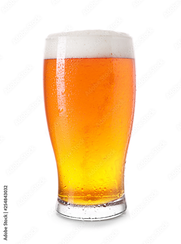 Glass of fresh beer on white background