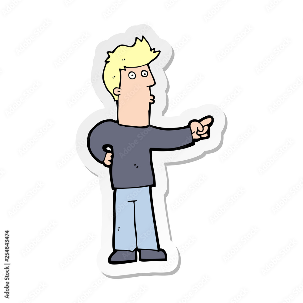 sticker of a cartoon curious man pointing sticker of a cartoon curious man pointing