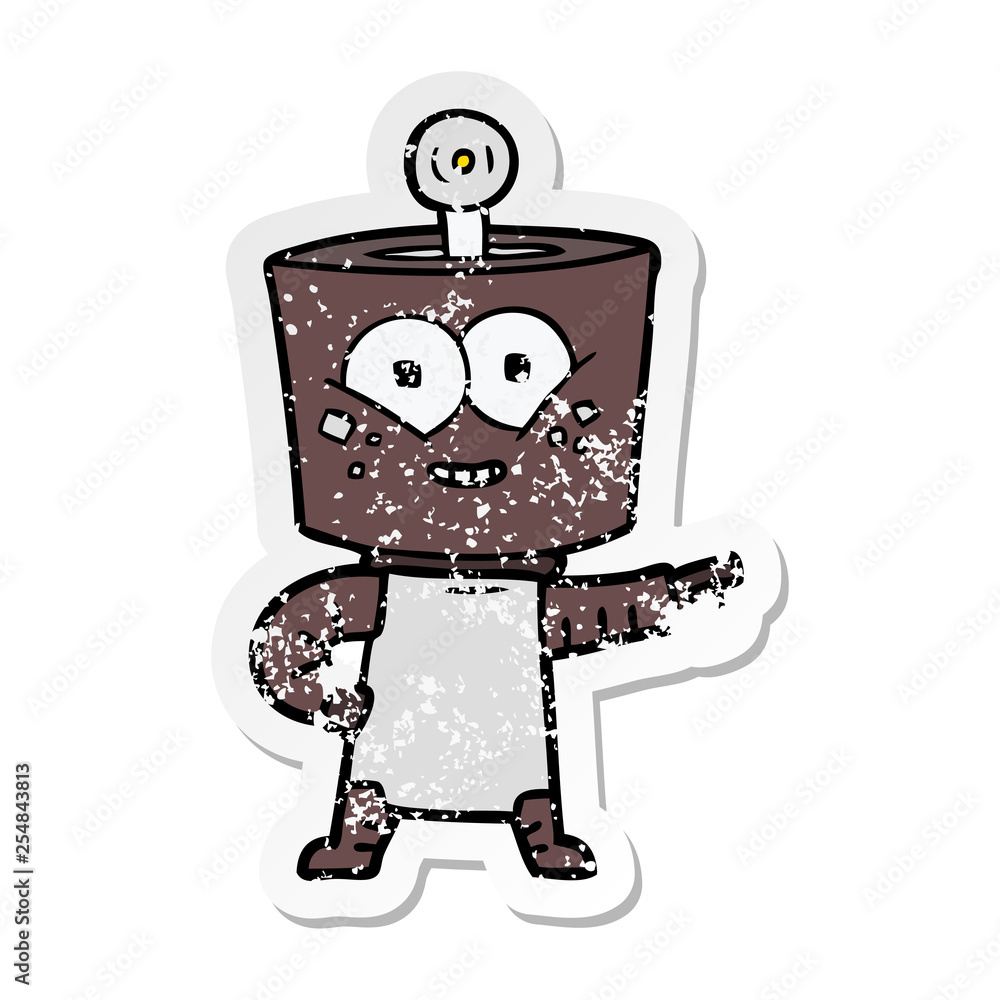 distressed sticker of a happy cartoon robot pointing distressed sticker of a happy cartoon robot pointing