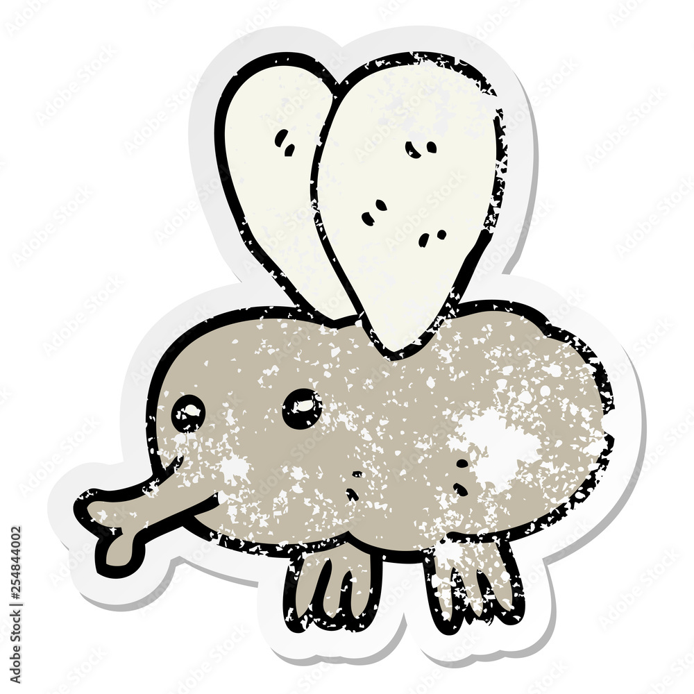 distressed sticker of a cartoon fly distressed sticker of a cartoon fly
