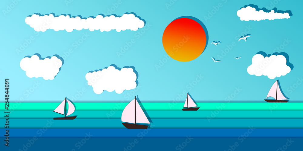 Seascape and Sailing ship. Yacht race, ocean regatta. Travel, holidays, vacation concept. Summer active sport.  