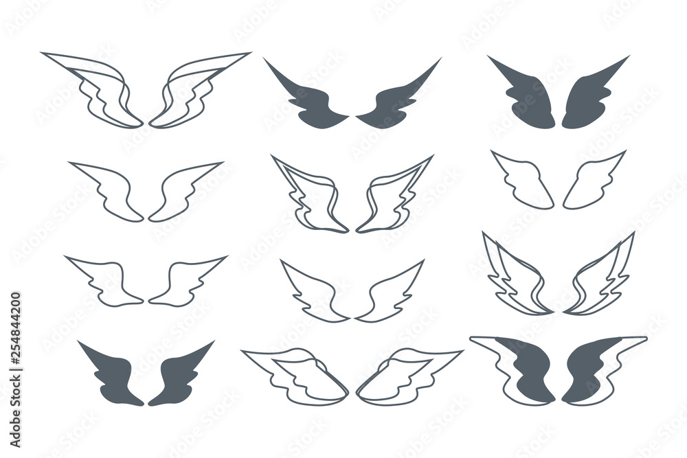 Fototapeta premium wings set. silhouette and outline vector illustration on white background