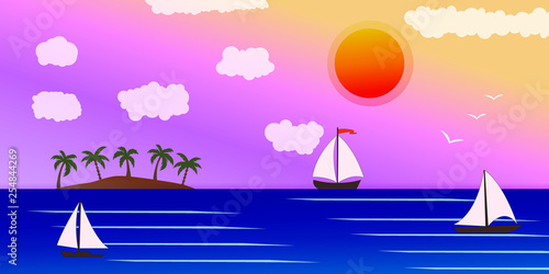Seascape and Sailing ship. Yacht race, ocean regatta. Travel, holidays, vacation concept. Summer active sport.  