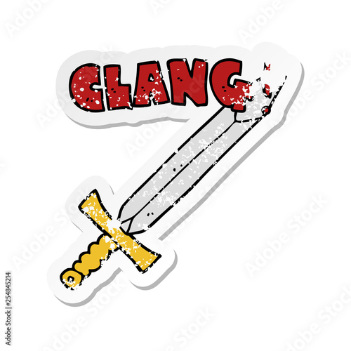 distressed sticker of a cartoon clanging sword