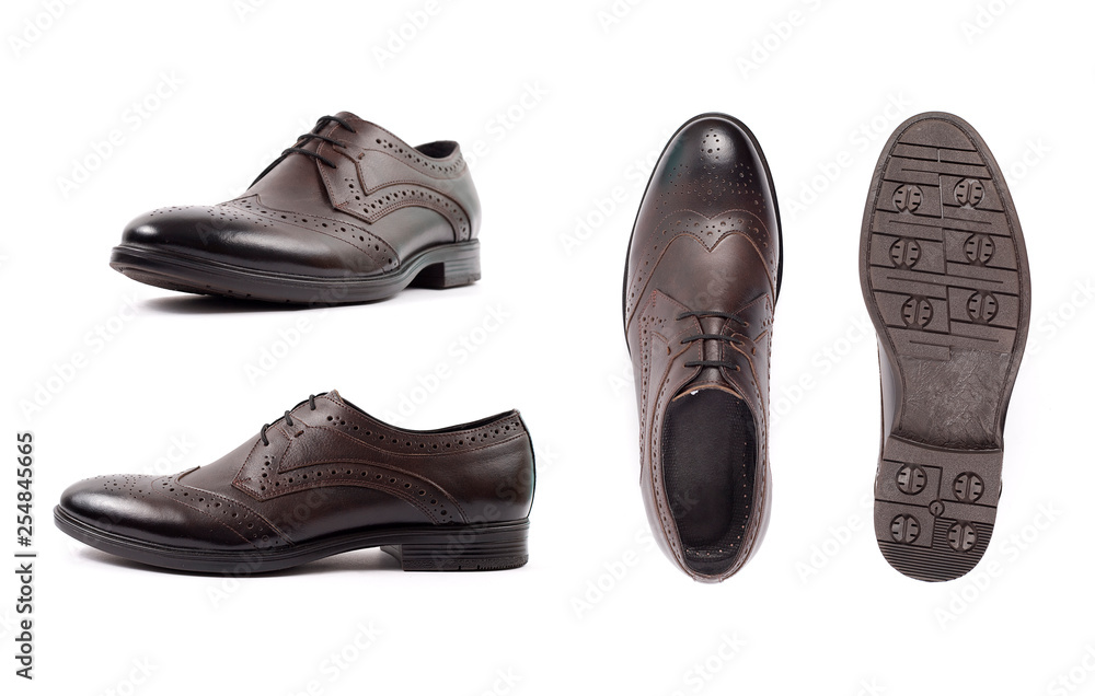 Men's brown shoes, shoe isolated white background. Side view, top view and sole. Men's brown shoes, shoe isolated white background. Side view, top view and sole.