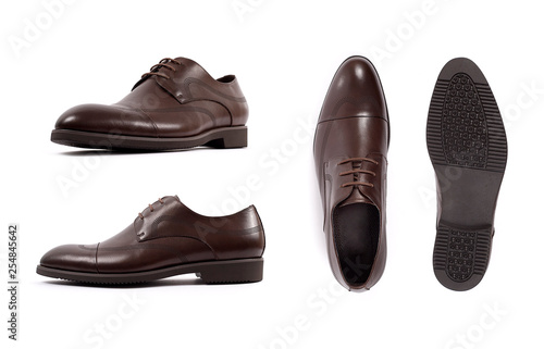 Men's brown shoes, shoe isolated white background. Side view, top view and sole.