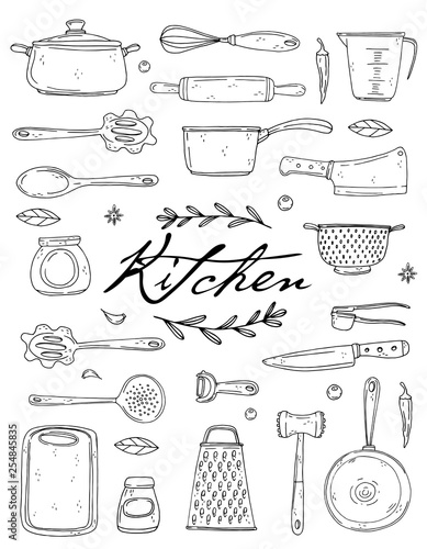 kitchen poster with hand drawn kitchenware, spice and lettering on a white background.