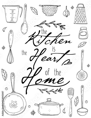 kitchen poster with hand drawn kitchenware, spice and lettering on a white background.