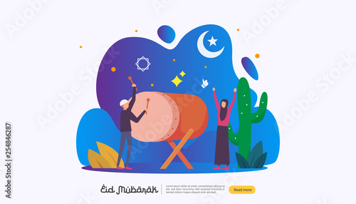 islamic design illustration concept for Happy eid mubarak or ramadan greeting with people character. template for web landing page, banner, presentation, social, poster, ad, promotion or print media