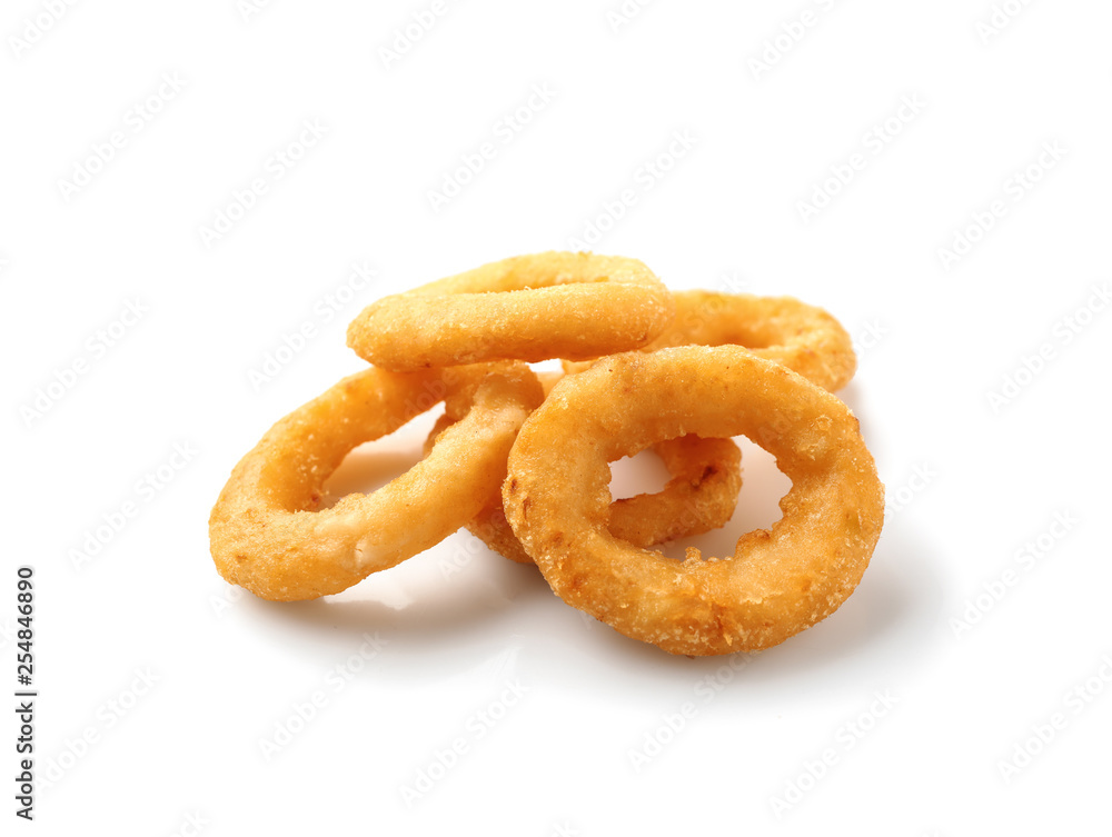 Tasty onion rings on white background