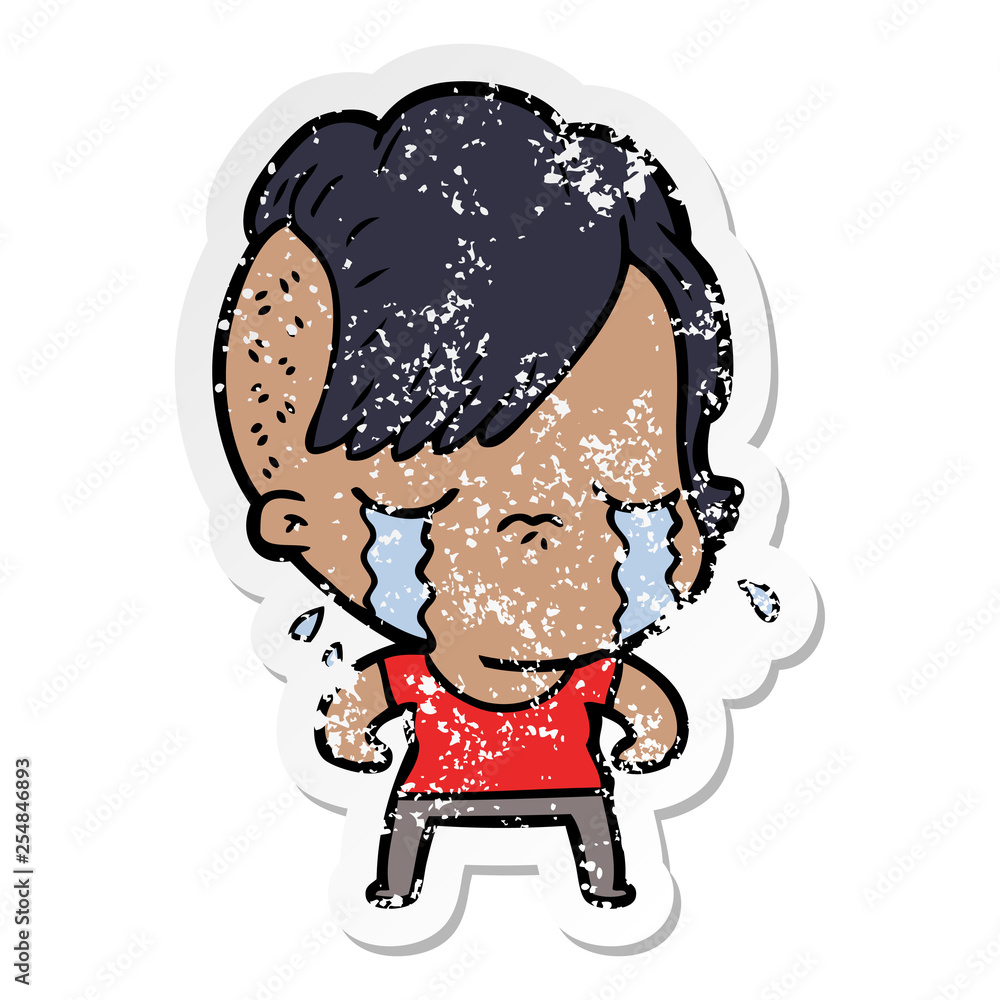 distressed sticker of a cartoon crying girl distressed sticker of a cartoon crying girl