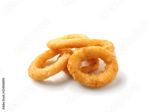 Tasty onion rings on white background