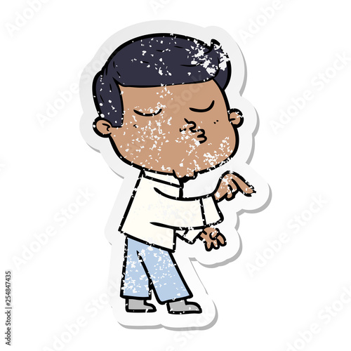 distressed sticker of a cartoon model guy pouting