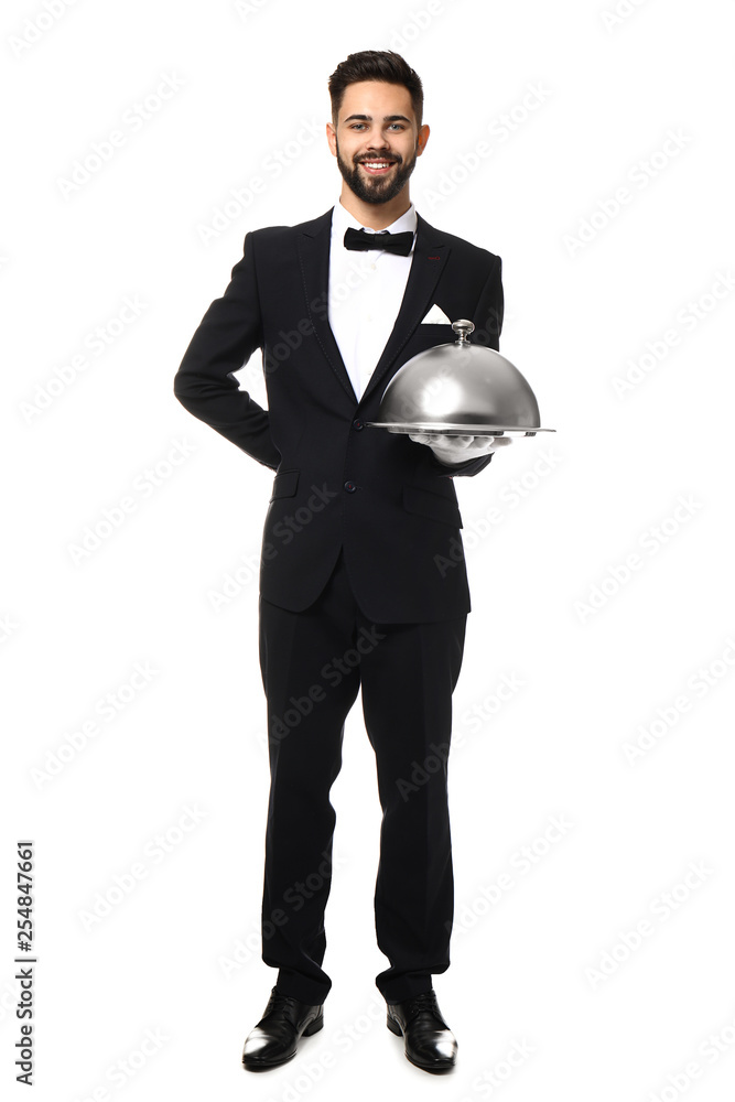 Waiter with tray and cloche on white background Waiter with tray and cloche on white background