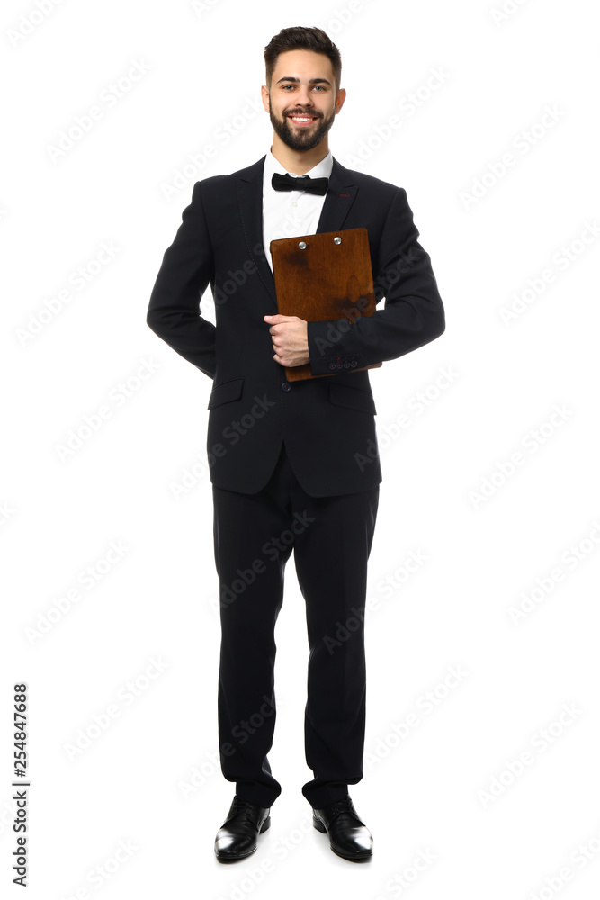 Waiter with menu on white background Waiter with menu on white background