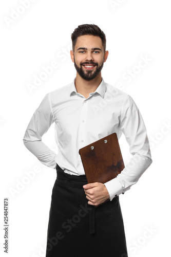 Handsome waiter on white ba...