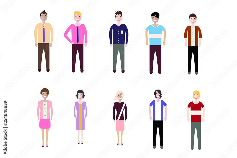 Young people, teenagers and students. Fashion man and woman in modern clothes. Different characters stay on white background