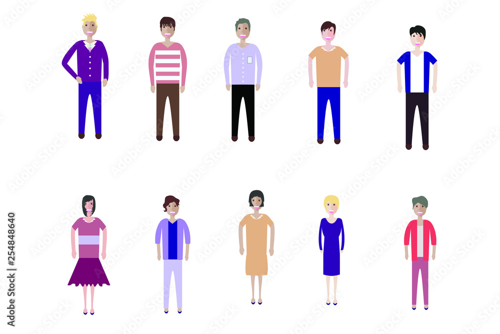 Young people, teenagers and students. Fashion man and woman in modern clothes. Different characters stay on white background