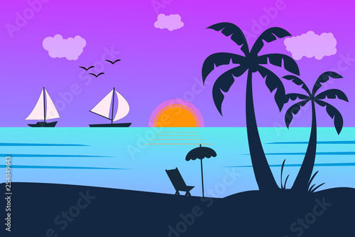 Vector seascape and sky background. Tropical Beach and Palm Trees Silhouette Travel Holiday Vacation Concept.