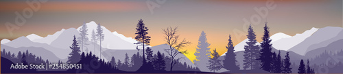grey panorama with sunrise in mountains forest
