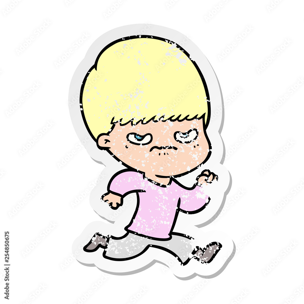 distressed sticker of a annoyed cartoon boy