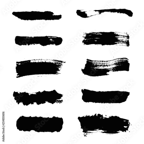 black Brush strokes. Vector paintbrush set. Round grunge design elements. Long text boxes. Dirty distress texture banners. Ink splatters. Grungy painted objects.