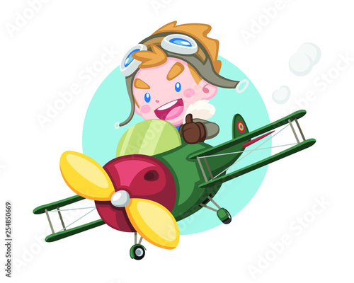 Cute style little pilot boy raising thumb riding vintage plane with circle background illustration