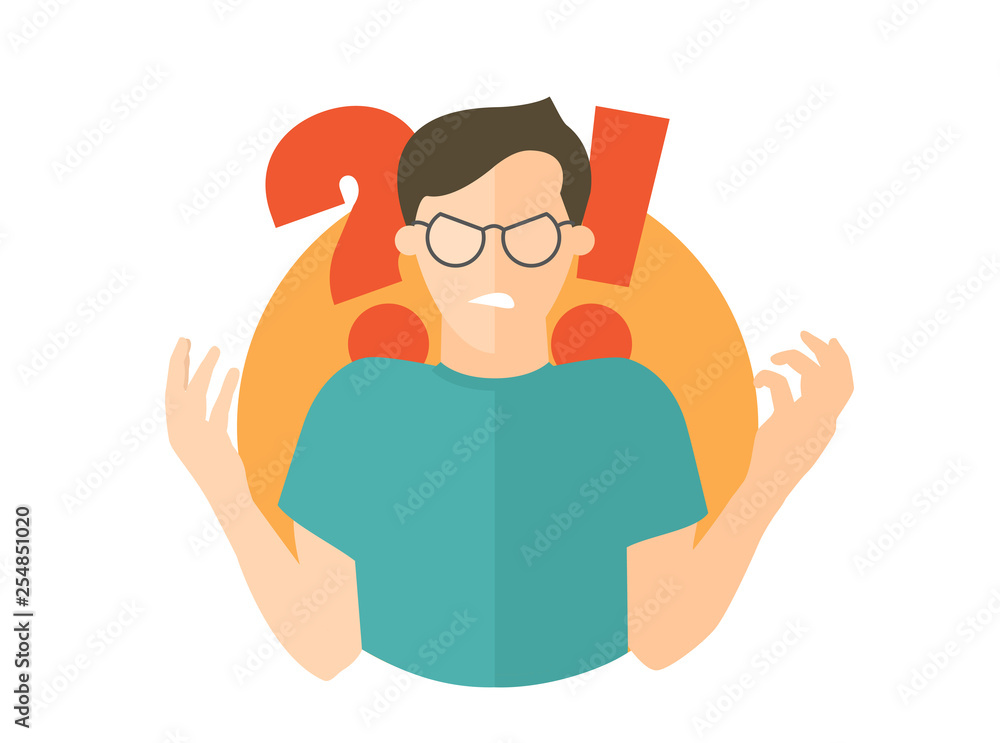 Obraz premium Angry man in glasses. Guy in rage. Flat design icon. Isolated illustration