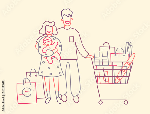 Family with suckling baby have purchases at shopping. Thin line flat design, vector illustration.