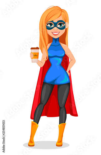 Successful woman wearing superhero costume