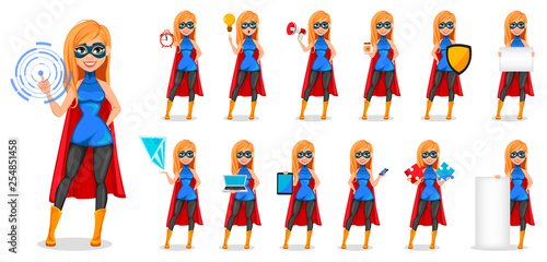 Successful woman wearing superhero costume