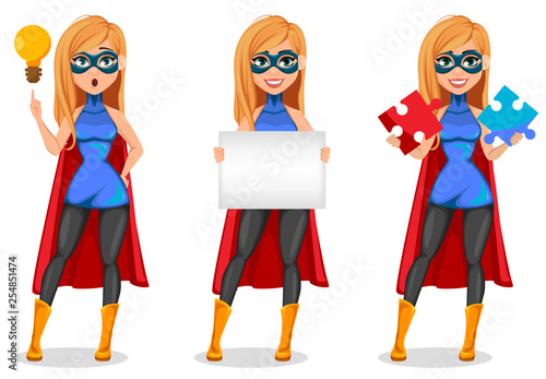 Successful woman wearing superhero costume