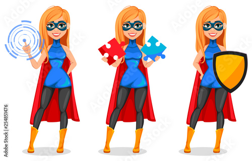 Successful woman wearing superhero costume
