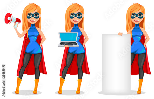Successful woman wearing superhero costume