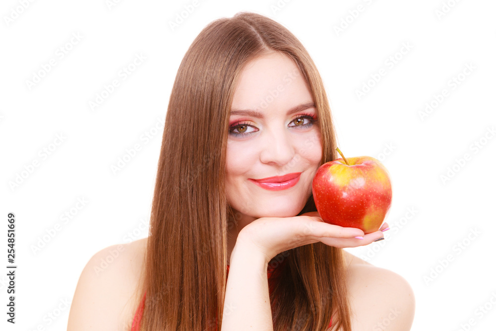 Woman charming girl colorful makeup holds apple fruit Woman charming girl colorful makeup holds apple fruit