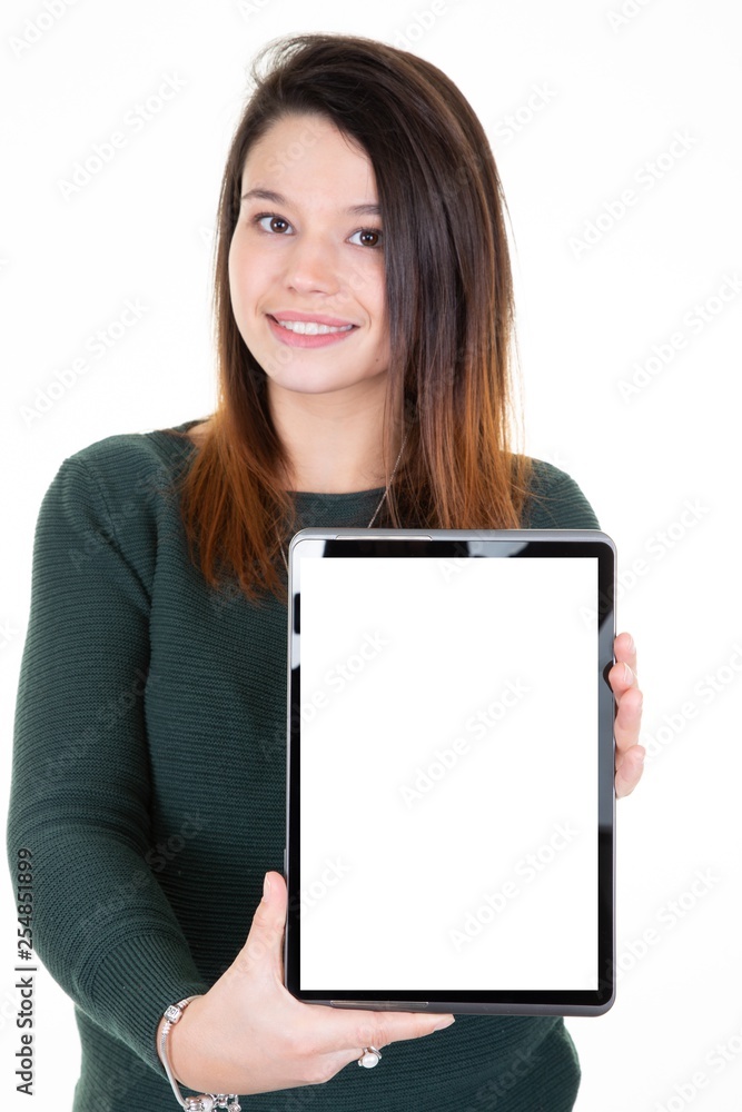 Woman showing a blank tablet screen mock up empty white empty space Woman showing a blank tablet screen mock up empty white empty space