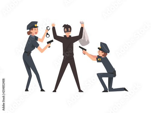 Armed Police Officer Arrested Bank Robber, Police Man and Woman Caught Criminal Vector Illustration